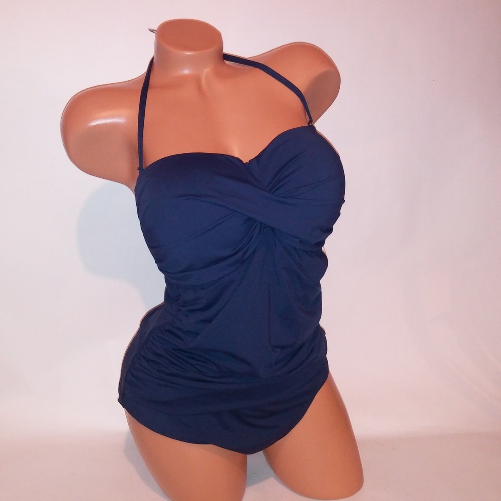 Anne Cole Swim One Piece Size 14 Solid Navy Blue Halter Scrunch Lightly Lined